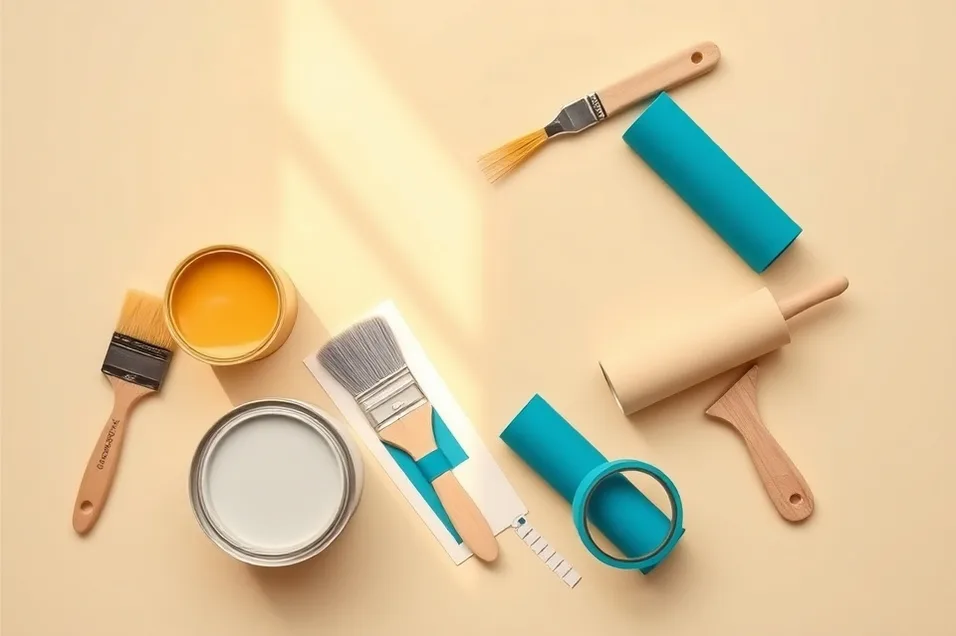 Pots de peinture, nuancier, brosses et rouleaux disposés à plat