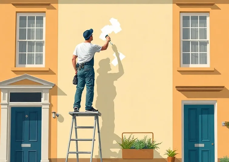 Peintre sur échafaudage traitant la façade d'une maison