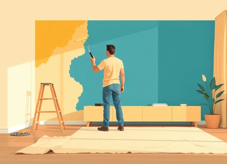 Peintre appliquant la peinture au rouleau sur un mur de salon